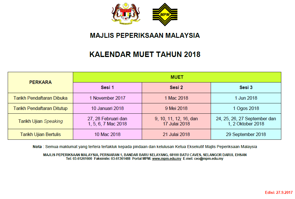 Kalendar MUET 2018: Pendaftaran Dibuka Hingga 1 Jan 2018