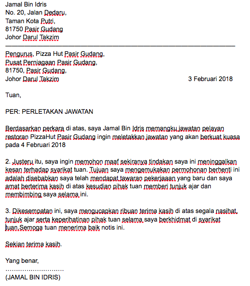 Contoh Surat Berhenti Kerja Restoran
