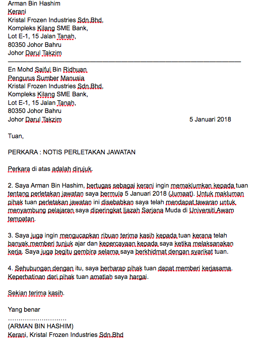 Contoh Surat Berhenti Kerja Kilang Notis Serta-merta