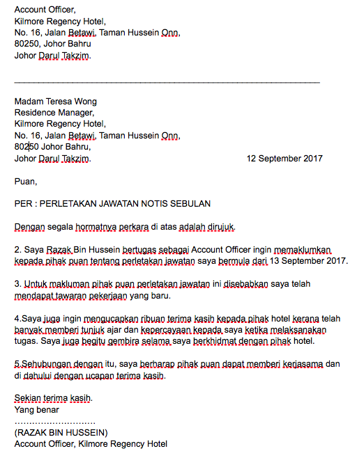 Contoh Surat Berhenti Krja Kilang Notis Sebulan