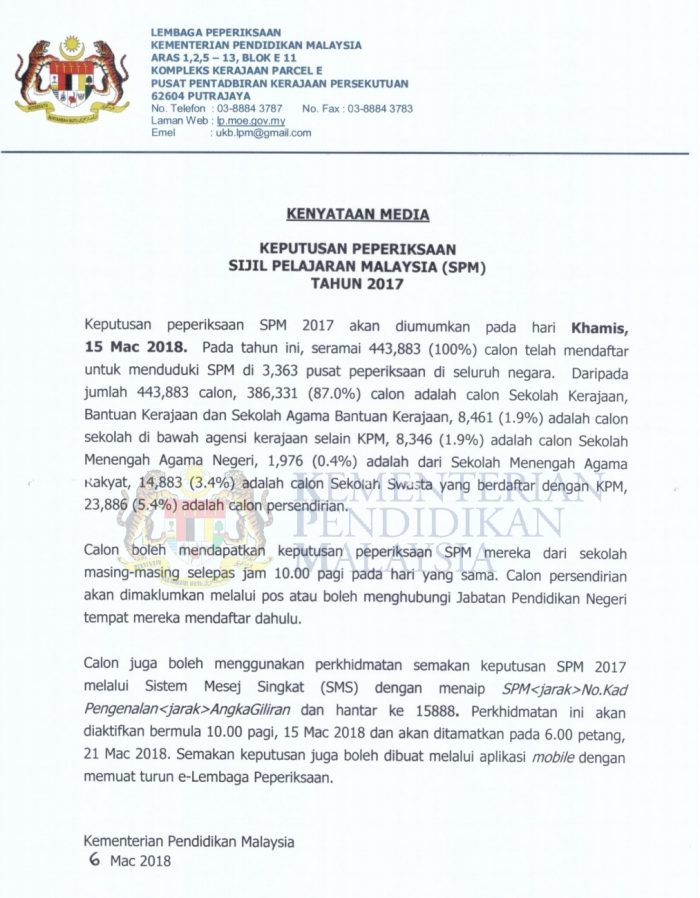 Keputusan Rasmi Sijil Pelajaran Malaysia (SPM) 2017 Bakal Diumumkan 15 Mac 2018