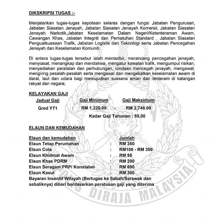 Permohonan Konstabel Polis YT1. Lihat Syarat Dan Cara Permohonan Disini