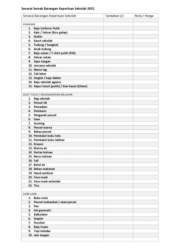 Dapatkan Checklist Barang Sekolah Anak-Anak Disini. Download & Edit 