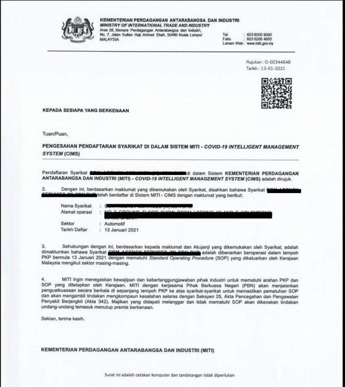 Cara Mohon Syarikat Beroperasi Sepanjang PKP Melalui CIMS MITI