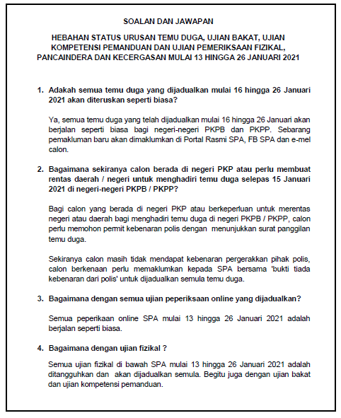 Status Temu Duga Serta Pelbagai Ujian Suruhanjaya Perkhidmatan Awam (SPA) Sepanjang PKP