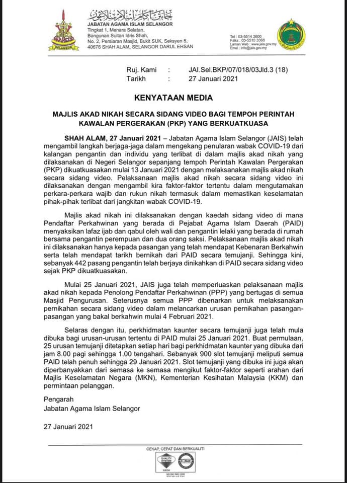 JAIS: Kahwin Online Dibenarkan Mulai 4 Februari INi
