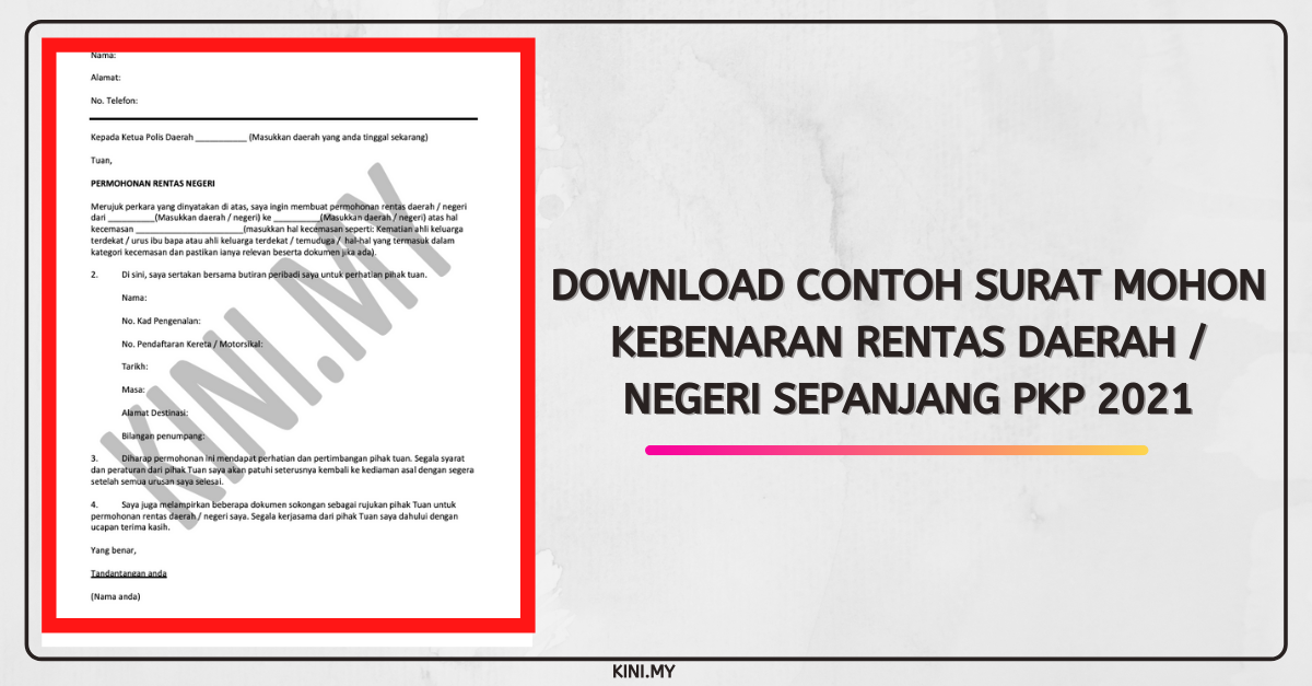Download Contoh Surat Mohon Kebenaran Rentas Daerah / Negeri Sepanjang PKP 2021