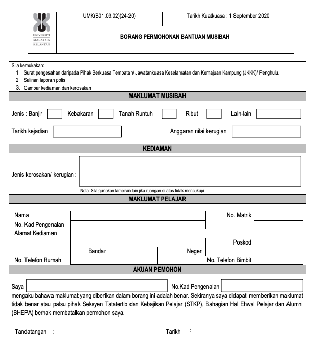 Bantuan Bencana Banjir / Bantuan Musibah Pelajar UMK. Semak Cara Mohon Di Sini