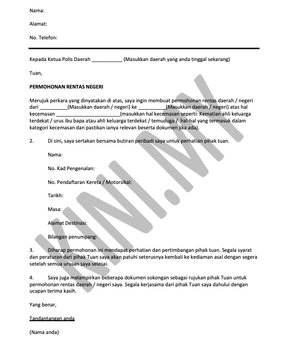Download Contoh Surat Mohon Kebenaran Rentas Daerah / Negeri Sepanjang PKP 2021
