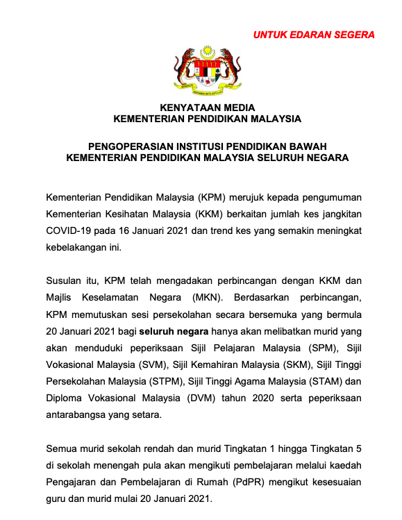 Update: Tarikh Baru Sekolah Dibuka Sepanjang PKP 2021
