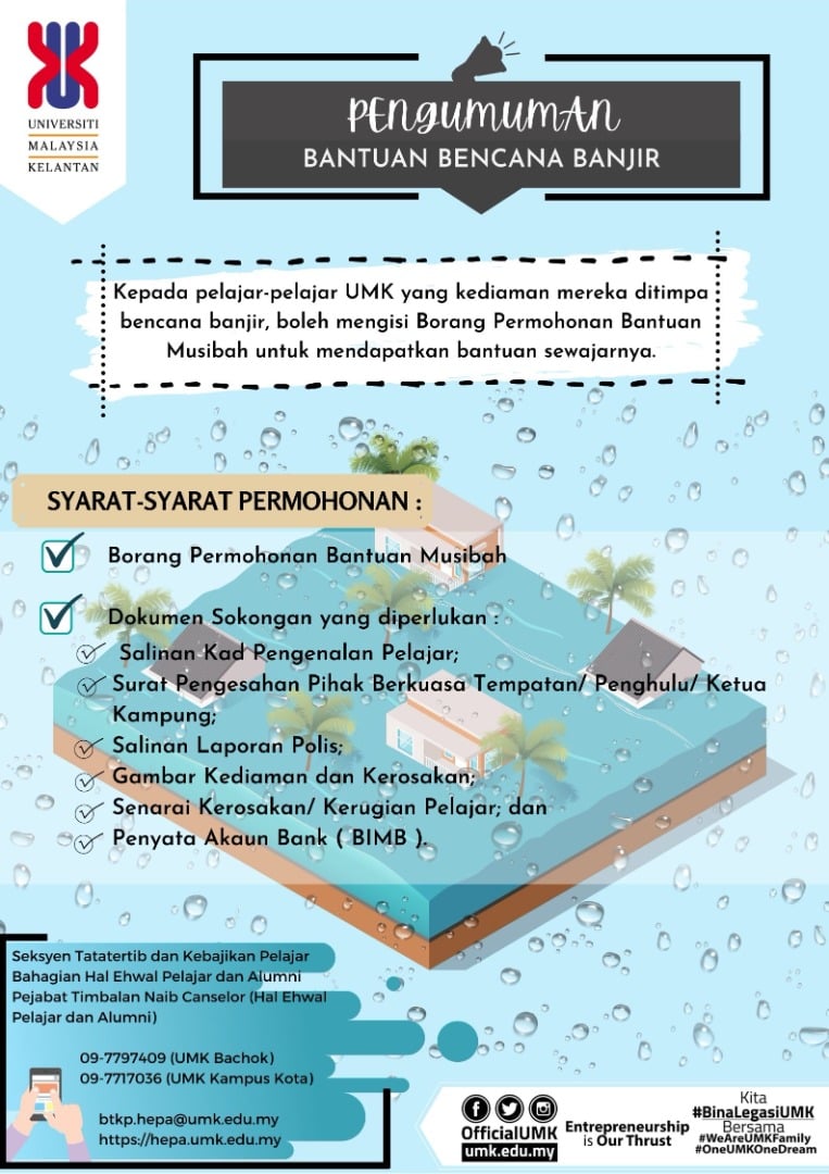 Bantuan Bencana Banjir / Bantuan Musibah Pelajar UMK. Semak Cara Mohon Di Sini