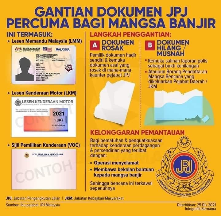 Dokumen Penting JPJ Rosak / Hilang Akibat Banjir Boleh Diganti Secara Percuma Sahaja