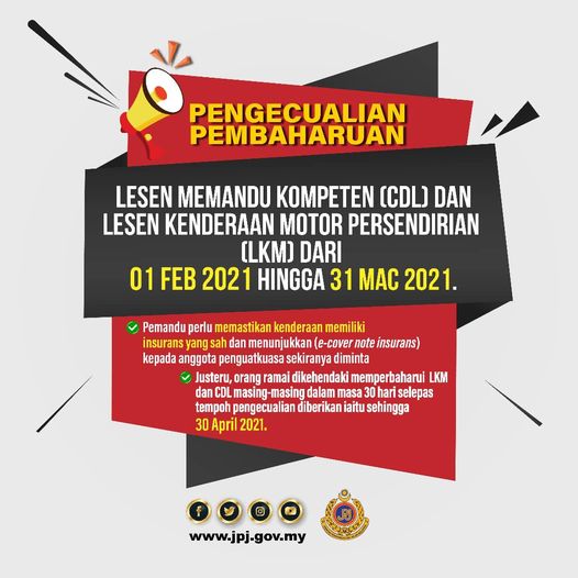 Roadtax & Lesen Memandu Diberi Pengecualian Pembaharuan Bemula 1 Februari Hingga 31 Mac 2021