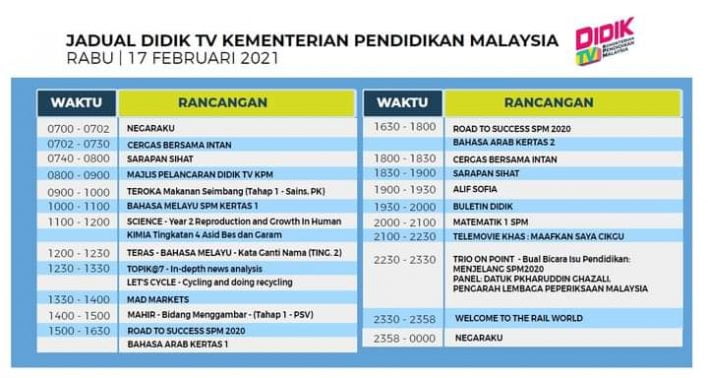 DidikTV KPM, Rujuk Jadual Siaran Bermula 17 Februari 2022
