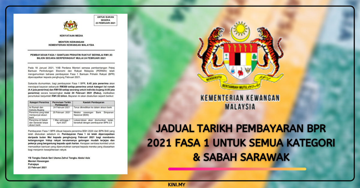 Jadual Tarikh Pembayaran BPR 2021 Fasa 1 Untuk Semua Kategori & Sabah Sarawak