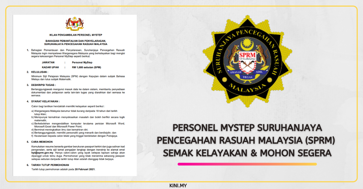 Personel MyStep Suruhanjaya Pencegahan Rasuah Malaysia (SPRM). Semak Kelayakan & Mohon Segera