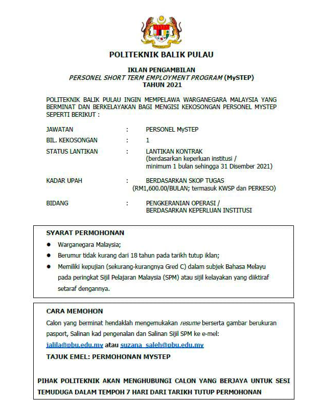 Jawatan Kosong Personel MySTEP Di Politeknik Balik Pulau. Semak Kelayakan & Cara Mohon Disini