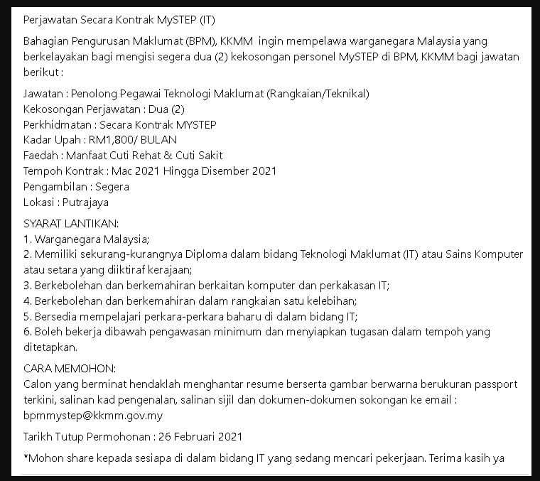 Jawatan Kosong Personel MyStep Di Kementerian Komunikasi Dan Multimedia Malaysia (KKMM). Mohon Disini