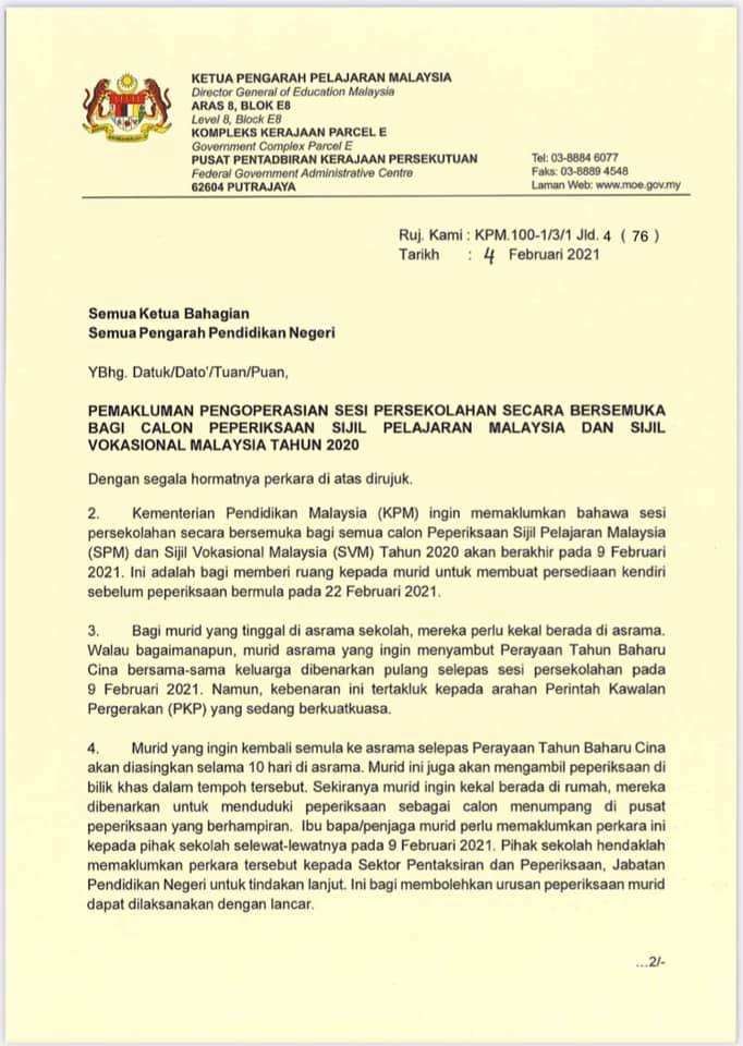 Sesi Persekolahan SPM 2021 Secara Bersemuka Tamat 9 Februari Ini