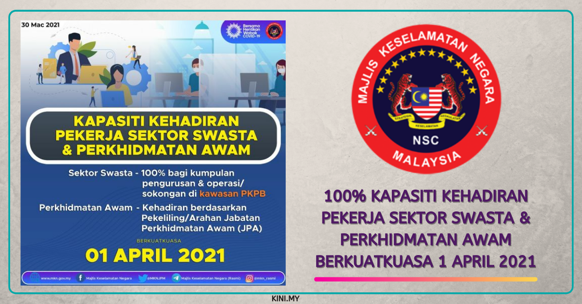 100% Kapasiti Kehadiran Pekerja Sektor Swasta & Perkhidmatan Awam Berkuatkuasa 1 April 2021