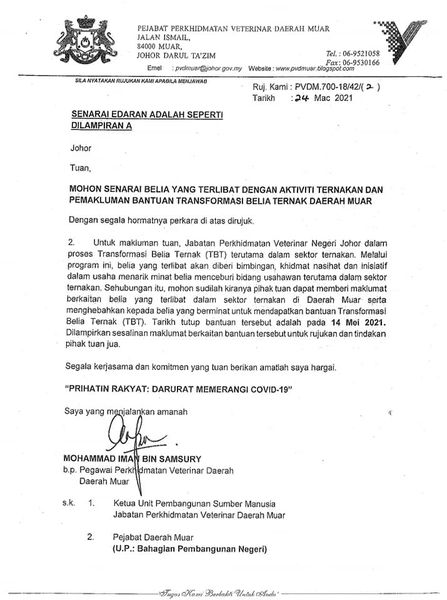 Cara Mohon Bantuan Program Transformasi Belia Ternak Jabatan Perkhidmatan Veterinar Negeri Johor