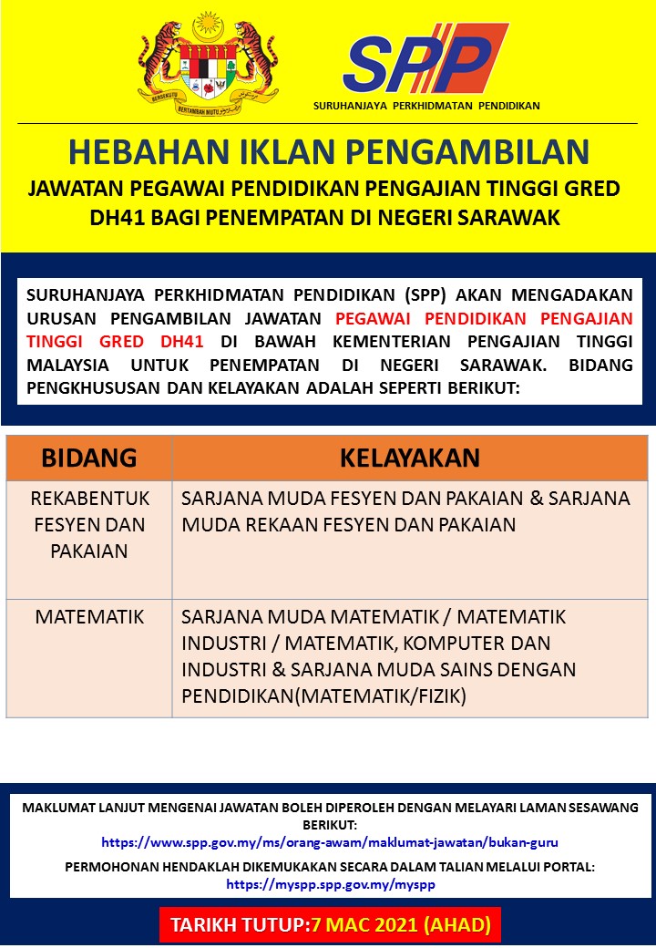 SPP: Jawatan Kosong Pegawai Pendidikan Pengajian Tinggi Gred DH41. Mohon Disini