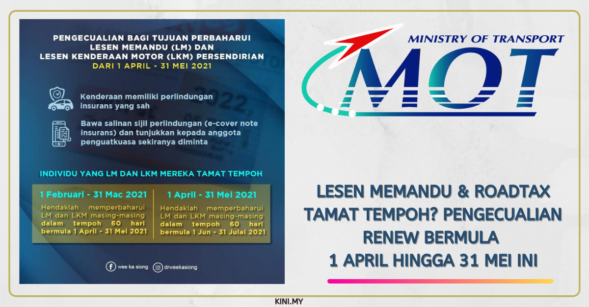 Lesen Memandu & Roadtax Tamat Tempoh? Pengecualian Renew Bermula 1 April Hingga 31 Mei Ini