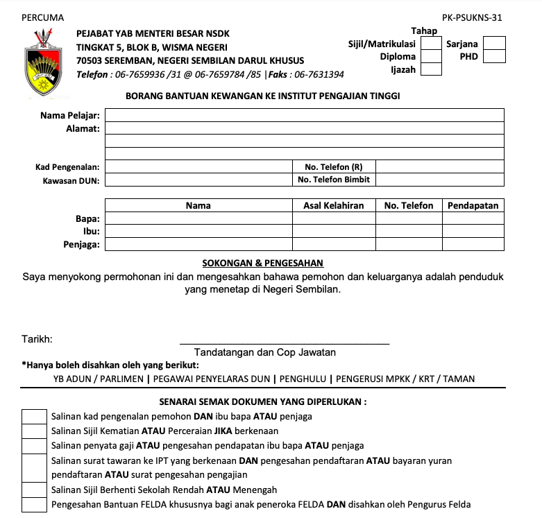Cara Mohon Bantuan Kewangan IPT Negeri Sembilan. Semak Kelayakan Disini