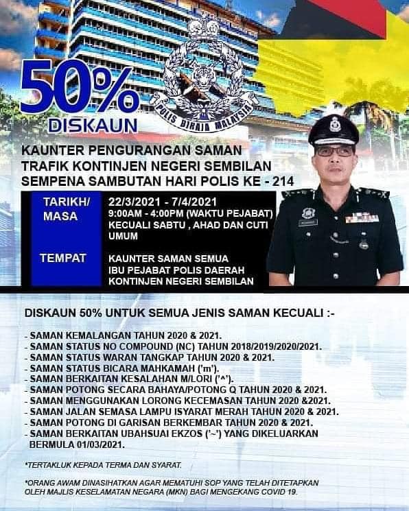 Diskaun Saman Sehingga 50% Sempena Hari Polis Yang Ke-214 Sehingga April 2021