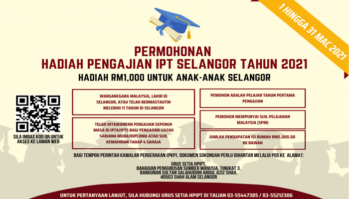 RM1,000 Buat Siswa Baharu Anak Selangor (HPIPT). Mohon Segera