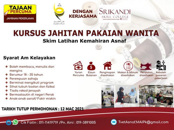 Cara Mohon Kursus Pendidikan Awal Kanak-Kanak & Kursus Jahitan Pakaian Wanita Percuma Kepada Asnaf