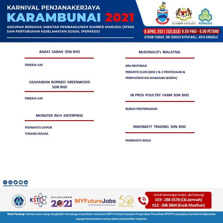 Lebih 1,000 Kekosongan Jawatan Di Karnival PenjanaKerjaya Karambunai 2021. Jom Daftar & Sertai Sekarang!