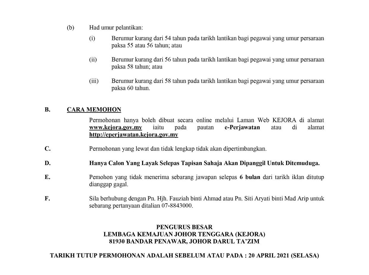 Cara Mohon Pelbagai Jawatan Kosong Tetap Di Lembaga Kemajuan Johor Tenggara (KEJORA)