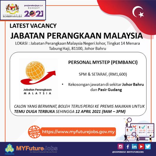 Temuduga Terbuka Personel MySTEP Pembanci Negeri Johor. Gaji Lumayan & Pelbagai Insentif Menanti Anda, Mohon Segera!
