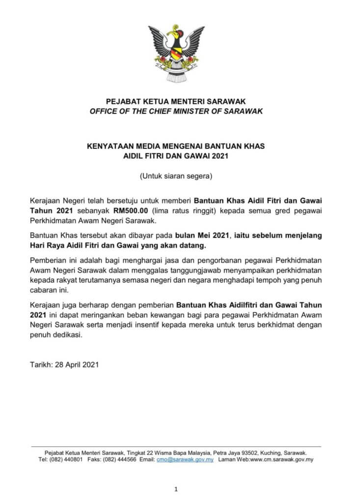 Bonus Raya Negeri Kedah, Pahang, Melaka & Sarawak RM500 Hingga RM1,000 Kepada Penjawat Awam Negeri Masing-Masing