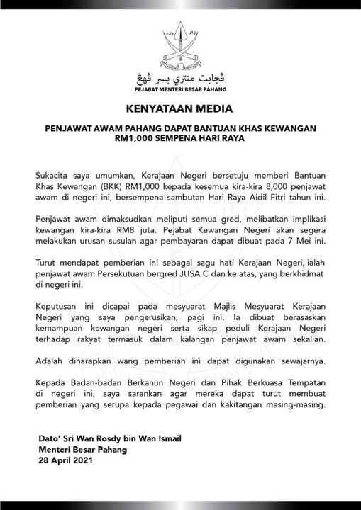 Bonus Raya Negeri Kedah, Pahang, Melaka & Sarawak RM500 Hingga RM1,000 Kepada Penjawat Awam Negeri Masing-Masing