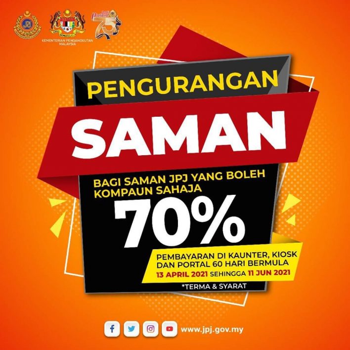 Diskaun 70% Saman Jabatan Pengangkutan Jalan (JPJ) Bermula 13 April 2021