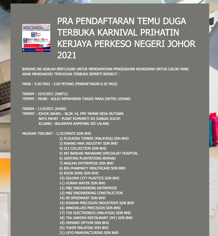 2,000 Jawatan Kosong Menanti Pencari Kerja Johor Di Karnival Prihatin Kerjaya Negeri Johor 2021