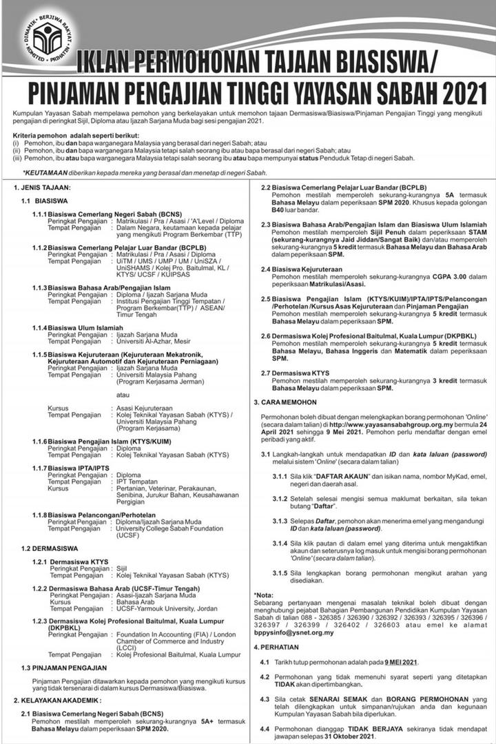 Tawaran Permohonan Tajaan Biasiswa/Pinjaman Pengajian Tinggi Yayasan Sabah 2021. Ini Cara Mohon
