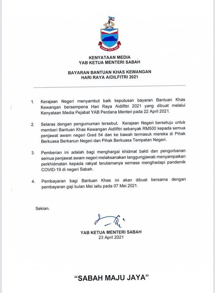 RM500 Bonus Khas Hari Raya Aidilfitri Penjawat Awam Sabah