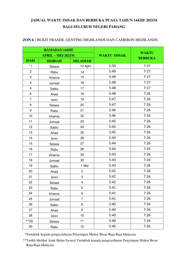 Jadual Waktu Berbuka Puasa & Imsak Seluruh Negeri Pahang Bagi Tahun 2021/1442H