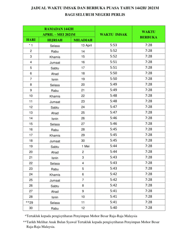 Jadual Waktu Berbuka Puasa & Imsak Seluruh Negeri Perak Bagi Tahun 2021/1442H