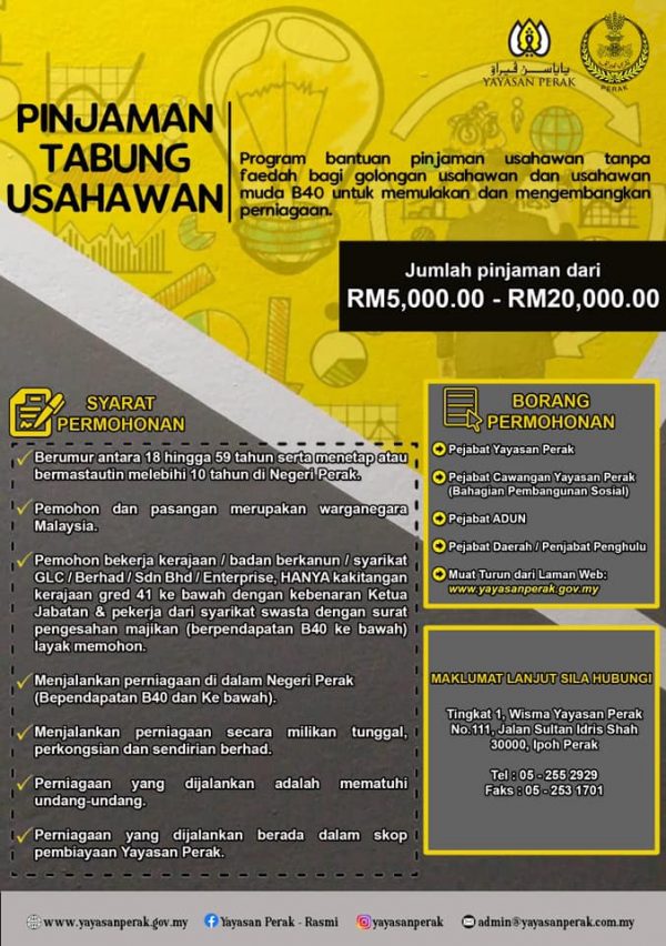 RM5,000 Hingga RM20,000 Pinjaman Tabung Usahawan Yayasan Perak. Semak Syarat Permohonan Disini