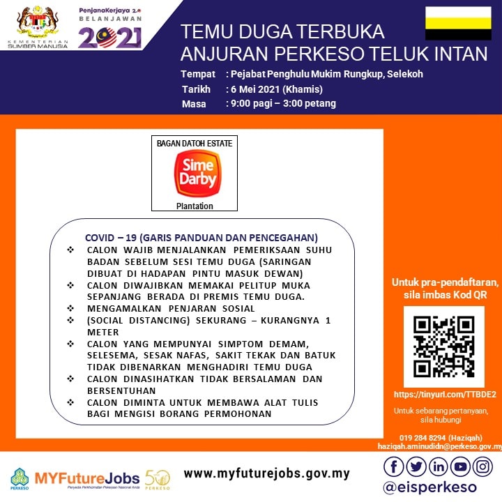 Temuduga Terbuka Mingguan Anjuran EIS Perkeso Teluk Intan Perak, Peluang Bekerja Bersama Sime Darby