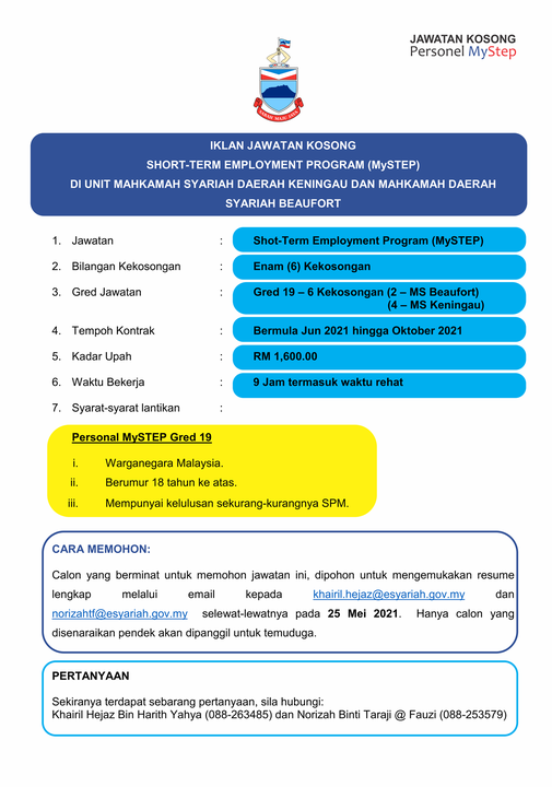 6 Kekosongan Jawatan Personel MySTEP Unit Mahkamah Syariah Daerah Keningau & Mahkamah Syariah Daerah Beaufort
