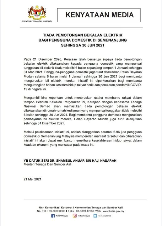 Tiada Pemotongan Bekalan Elektrik Bagi Pengguna Domestik Di Semananjung Sehingga 30 Jun 2021