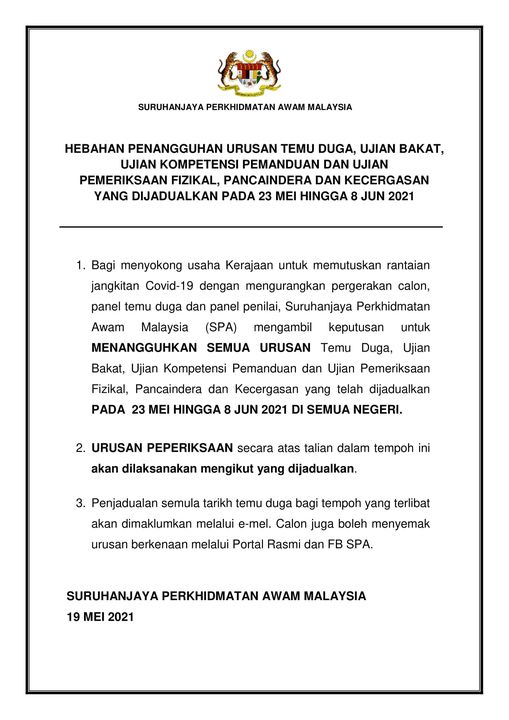Penangguhan Urusan Temuduga, Ujian Pemeriksaan Fizikal & Berkaitan Suruhanjaya Perkhidmatan Awam Malaysia (SPA) 