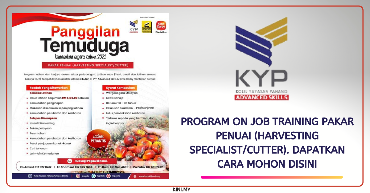 Program On Job Training Pakar Penuai (Harvesting Specialist/Cutter). Dapatkan Cara Mohon Disini