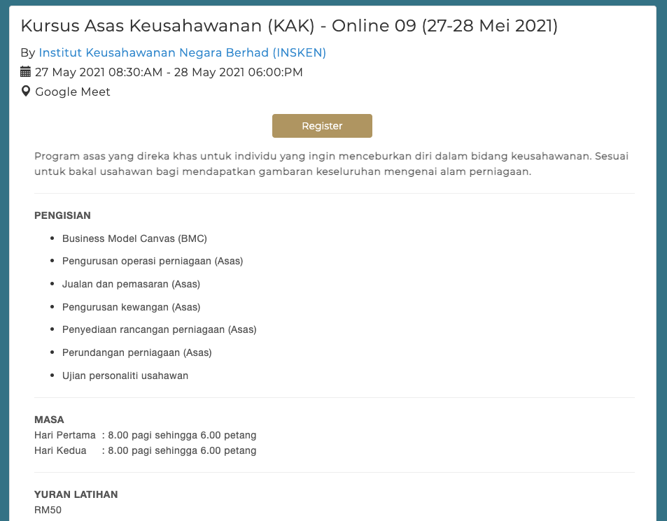 Semurah RM50! Kursus Asas Keusahawan (KAK) INSKEN. Cepat Daftar Sebelum Terlambat!