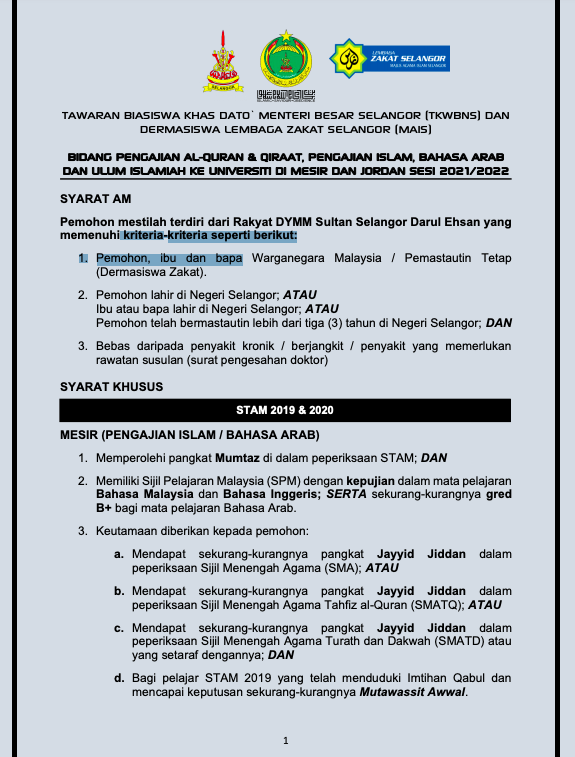 Tawaran Penajaan Biasiswa & Dermasiswa JAIS Untuk Lepasan SPM/STAM Bagi Pengajian Ke Timur Tengah. Mohon Sebelum 14 Julai 2021